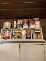 WOODEN SHELF WITH 20 TINS