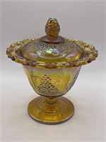 Vintage Amber Carnival Glass Harvest Grape W/Lid