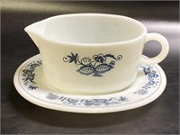 Pyrex Old Town Blue Gravy Boat with Under Plate