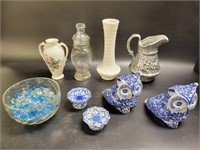 Blue Ceramic Owls, Pedistal Plates, Bowl of Glass