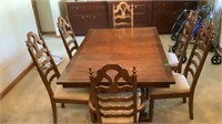 Oak Dining Table w/ (6) Ladder Back Chairs (2-18”