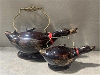 1950s redware duck teapot and sugar bowl