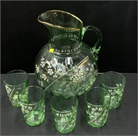 Victorian Art Glass Water Pitcher & Tumblers