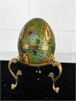 Enameled Brass Egg & Stand 2-Part India Vintage