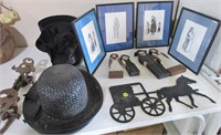 Amish type items, 3 bonnets & hats, pictures