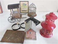 Decorative items, bird cage, lights, hand cart