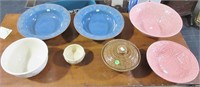 Blue, pink, brown & white bowls