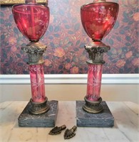 Pair of cranberry etched lamps in great condition
