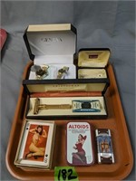 Tray Lot Risque  Playing Cards, Whiskey Lighter,