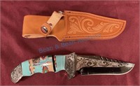 Engraved fixed blade, knife with turquoise,