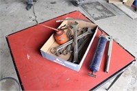tray lot of wrenches, grease gun, oil can