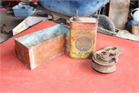 Antique pulley, copper tray, vintage Belt-Flo can