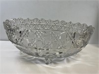 Old Oval Footed Fruit Bowl Etched Glass Heavy
