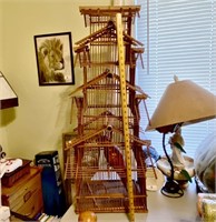 Large Pagoda-Style Bamboo & Wood Birdcage 39"
