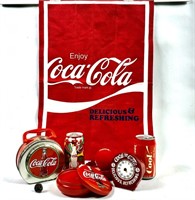 Coca Cola 16" X 24" Banner, Tin, Candle, Game,