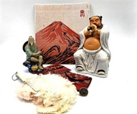 Asian Figurines, Silk Sewn Mt. Fuji, Brocade Coin