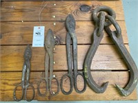 Heavy Duty Ice Hook & 3 Pairs of Vintage Tin Snips