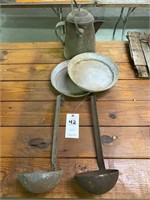 2-Tin Plates, 2-Metal Ladels & Vintage Coffee Pot