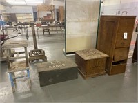 Wood File Cabinet, End Table, Wood Trunk & Stools