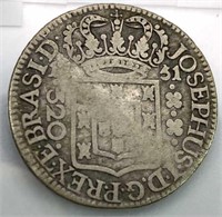 1751 Colonial Brazil Silver 320 Reis Coin, Large