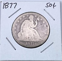 1877 Seated Liberty Silver Half Dollar, Good
