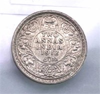 1912 British India Silver 2 Annas, XF