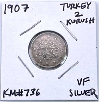 1907 Turkey Silver 2 Kurush, VF