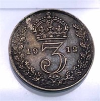 1912 Great Britain Silver 3 Pence, AU Toner, Nice