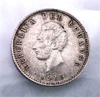 1915 Ecuador Silver Half Decimo, AU