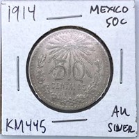 1914 Mexico Silver 50 Centavos, AU
