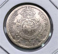 1926 Spain Silver 50 Centimos, VF