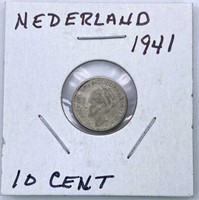 1941 Netherlands Silver 10 Cents, XF