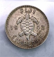 1942 Fiji Silver 6 Pence w/ Turtle, AU