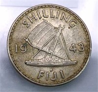 1943 Fiji Silver 1 Shilling w/ Ship, AU