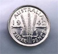 1942 Australia Silver 3 Pence, UNC