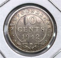 1942-C Newfoundland Silver 10 Cents, VF