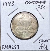 1943 Guatemala Silver 25 Centavos, AU