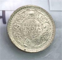 1944 British India Silver 1/4 Rupee, AU+