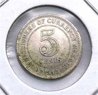 1945 Malaya Silver 5 Cents, AU+