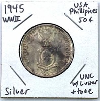 1945 US/Philippines Silver 50 Centavos, UNC/Toned