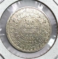 1953 Morocco Silver 100 Francs, XF