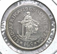 1963 South Africa Silver 10 Cents Proof, XF