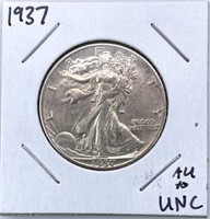 1937 Walking Liberty Silver Half Dollar, AU/UNC