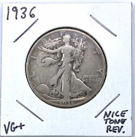 1936 Walking Liberty Silver Half Dollar, VG+