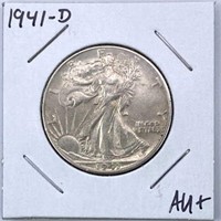 1941-D Walking Liberty Silver Half Dollar, AU+