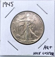 1945 Walking Liberty Silver Half Dollar, AU+