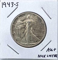 1943-S Walking Liberty Silver Half Dollar, AU+,