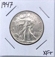 1947 Walking Liberty Silver Half Dollar, XF+