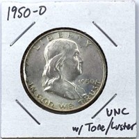 1950-D Franklin Silver Half Dollar, UNC