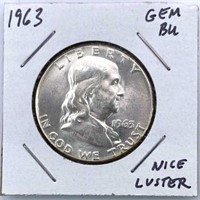 1963 Franklin Silver Half Dollar, GEM BU, Nice